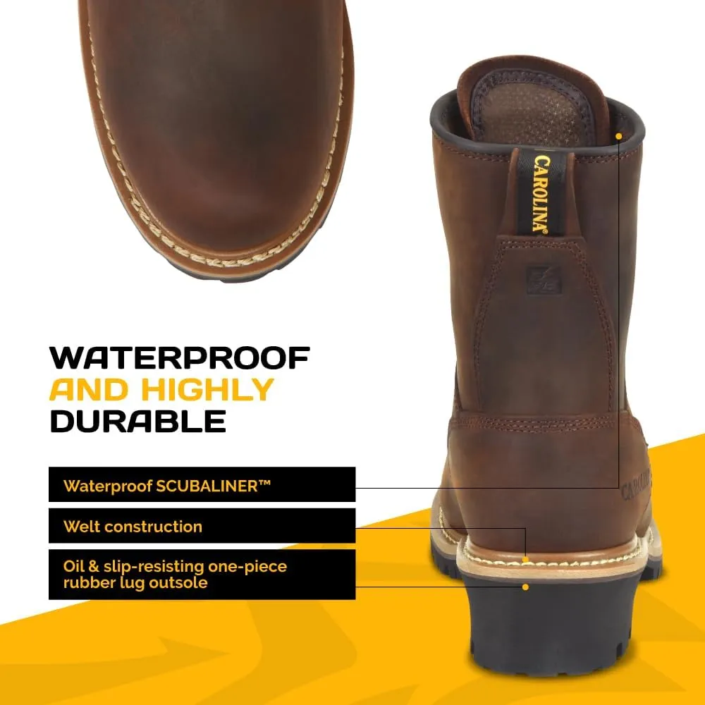 Carolina Elm 8" Logger Steel Toe Work Boots for Men - Crazy Horse Leather Upper, Pillow Cushion Footbed, and Oil- and Slip-Resistant Outsole, EH-Rated