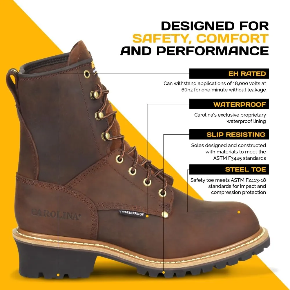 Carolina Elm 8" Logger Steel Toe Work Boots for Men - Crazy Horse Leather Upper, Pillow Cushion Footbed, and Oil- and Slip-Resistant Outsole, EH-Rated