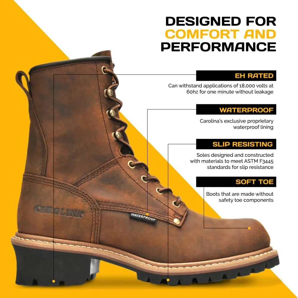 Carolina Elm 8" Waterproof Logger Boots for Men - Crazy Horse Leather Upper, Pillow Cushion Footbed, and Oil- and Slip-Resistant Outsole, EH-Rated