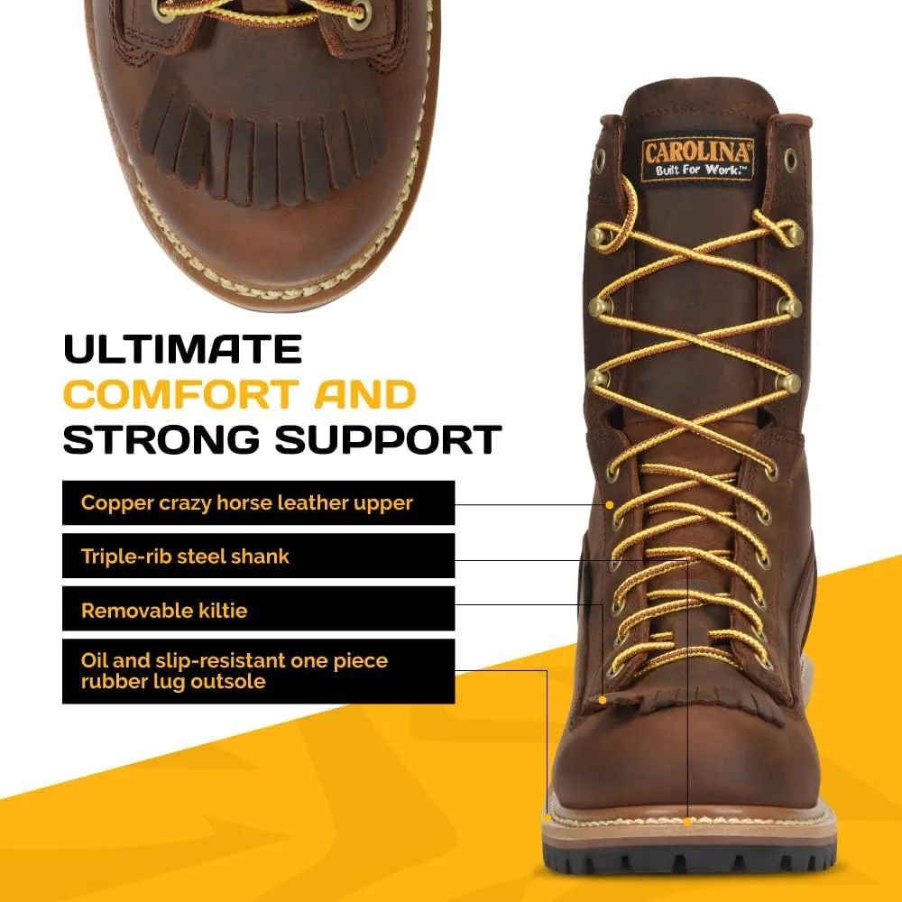 Carolina Spruce 8" Waterproof Steel Toe Logger Boots for Men - Leather Upper, Pillow Cushion Footbed, and Oil- and Slip-Resistant Outsole, EH-Rated
