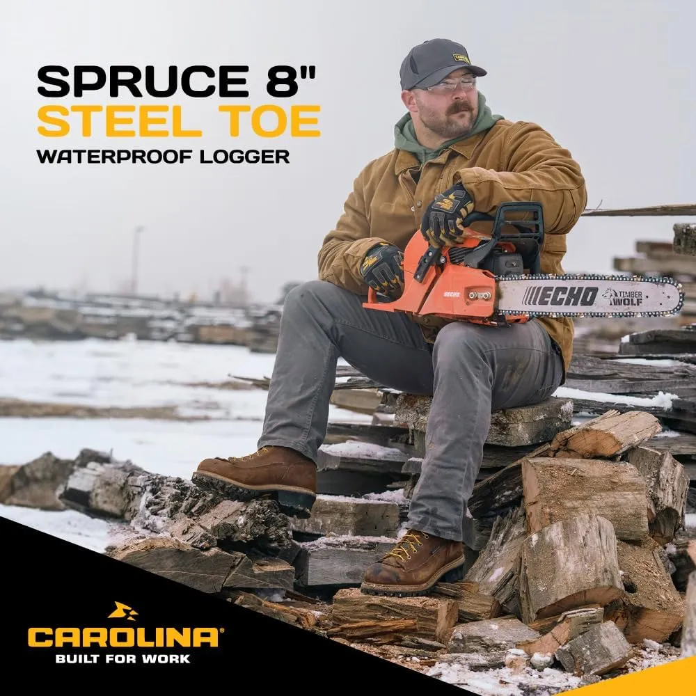 Carolina Spruce 8" Waterproof Steel Toe Logger Boots for Men - Leather Upper, Pillow Cushion Footbed, and Oil- and Slip-Resistant Outsole, EH-Rated