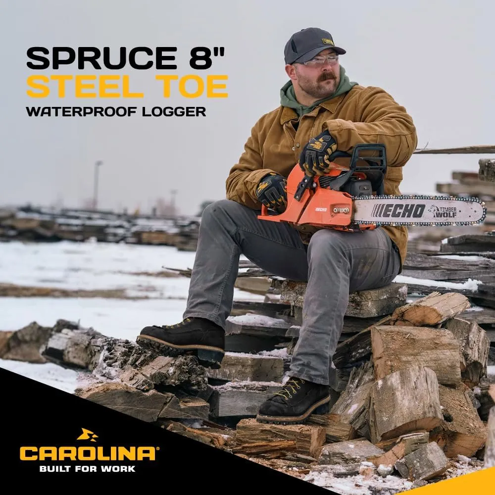 Carolina Spruce 8" Waterproof Steel Toe Logger Boots for Men - Leather Upper, Pillow Cushion Footbed, and Oil- and Slip-Resistant Outsole, EH-Rated