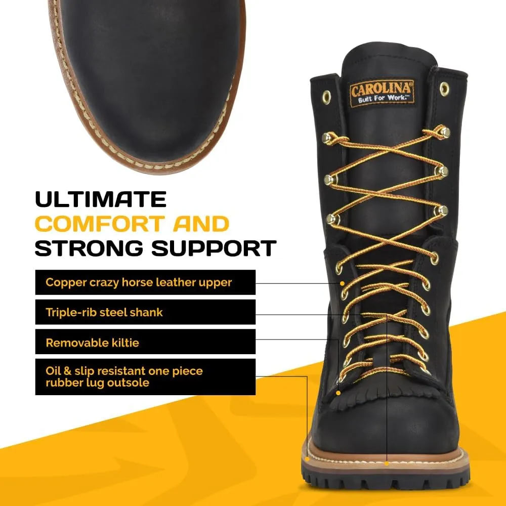 Carolina Spruce 8" Waterproof Steel Toe Logger Boots for Men - Leather Upper, Pillow Cushion Footbed, and Oil- and Slip-Resistant Outsole, EH-Rated