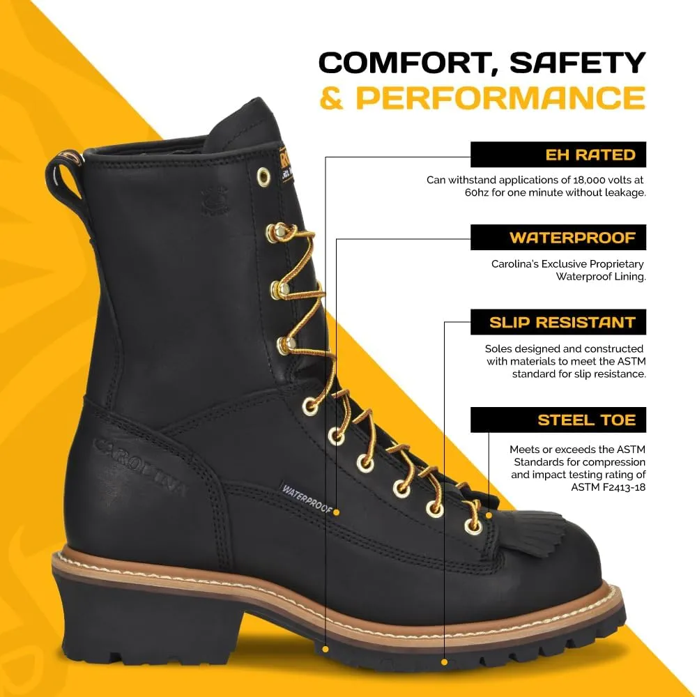 Carolina Spruce 8" Waterproof Steel Toe Logger Boots for Men - Leather Upper, Pillow Cushion Footbed, and Oil- and Slip-Resistant Outsole, EH-Rated