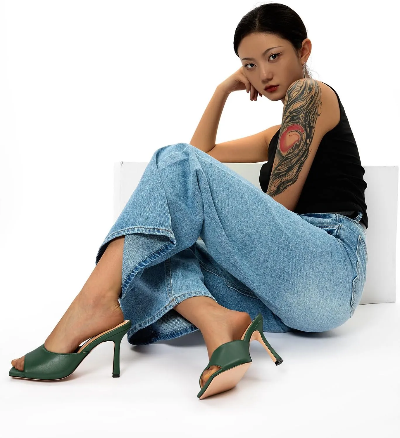 Castamere Square Open Toe Heeled Sandals for Women High Stiletto Heels Slip-on Mules Dress Comfortable Casual Summer Shoes 3.5 Inches Heels