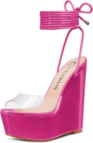Castamere Womens High Wedge Platform Heel Peep Open Toe Ankle Strap Sandals Lace Wedding Clear Dress Shoes 5.9 Inches Heels