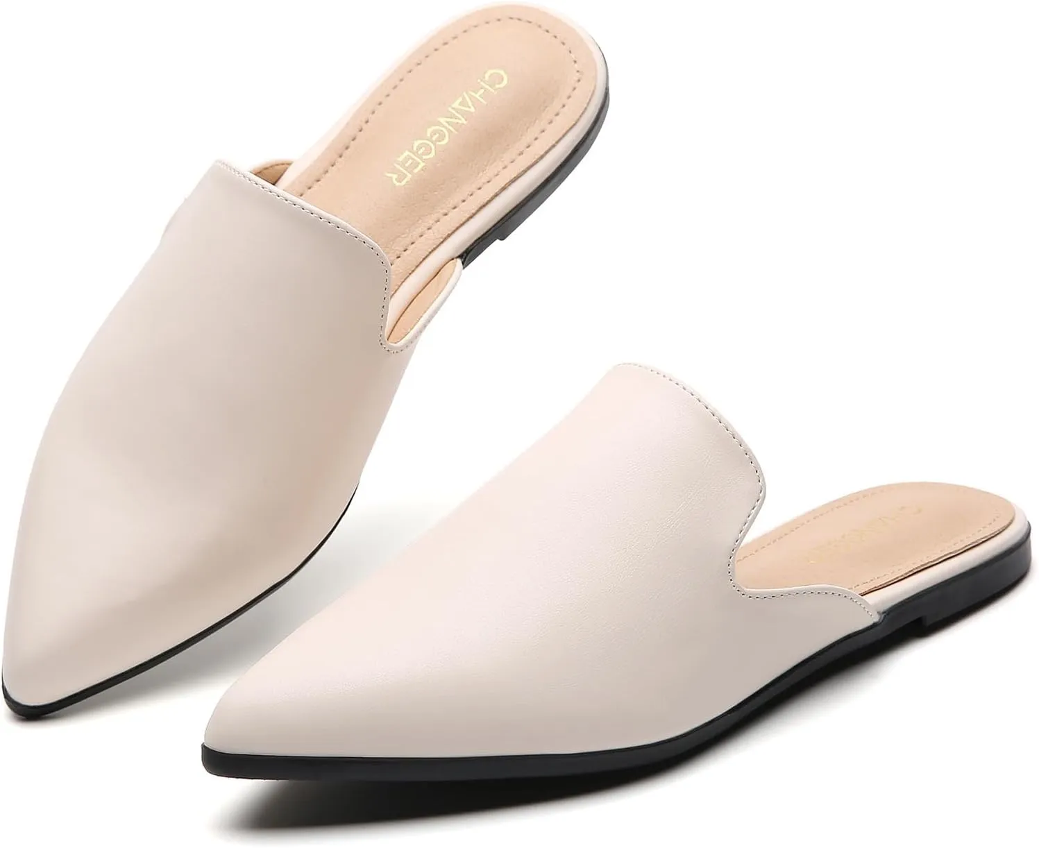 CHANGGER Working Mules for Women Flats Closed Pointed Toe Backless Slip on Slides Business Casual Shoes