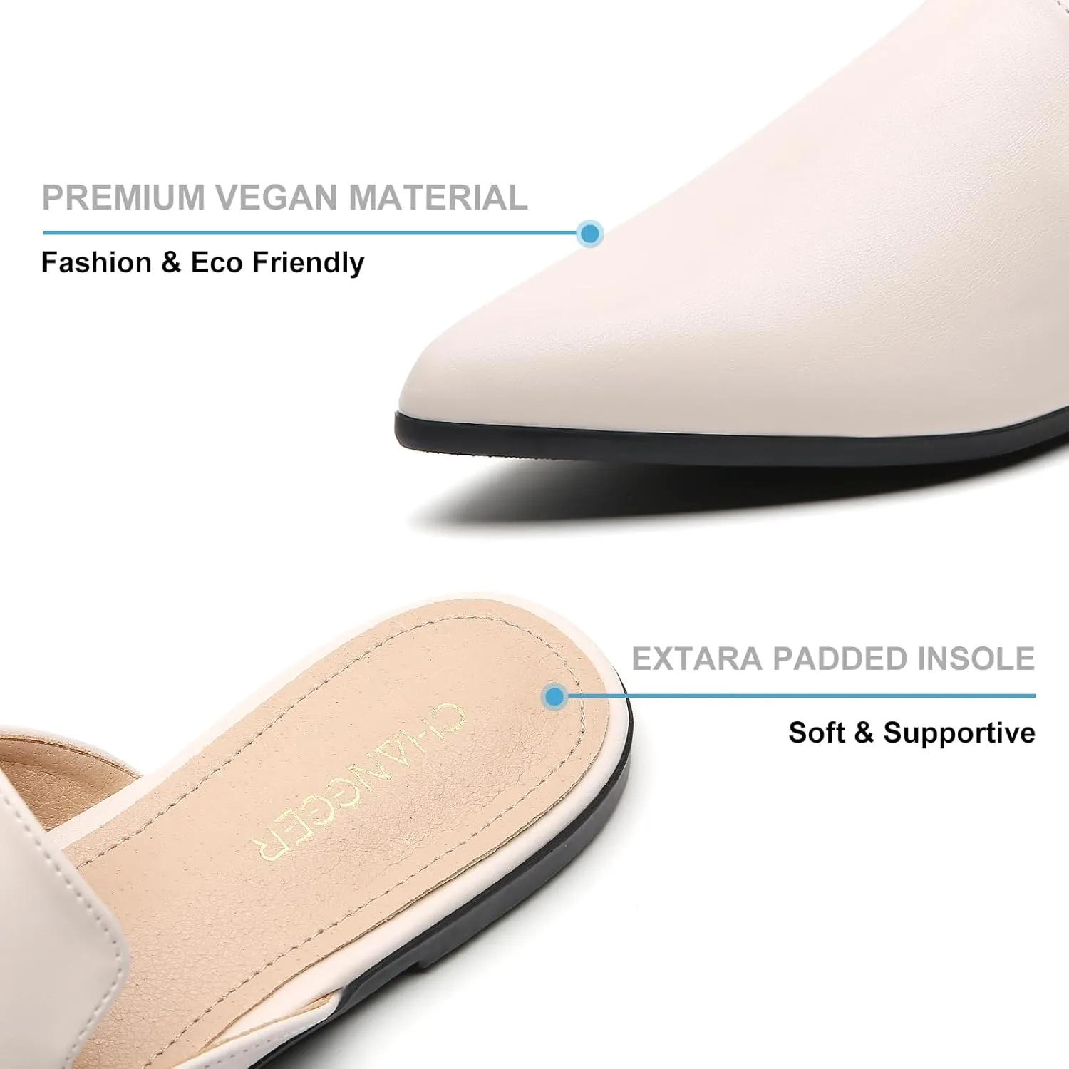 CHANGGER Working Mules for Women Flats Closed Pointed Toe Backless Slip on Slides Business Casual Shoes