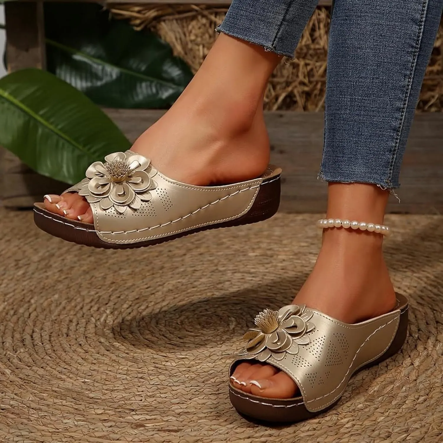 Chic Flowers Orthopedic Sandals for Women Arch Support Fish Mouth Open Toe Leather Slippers Wedge Platform Sandal