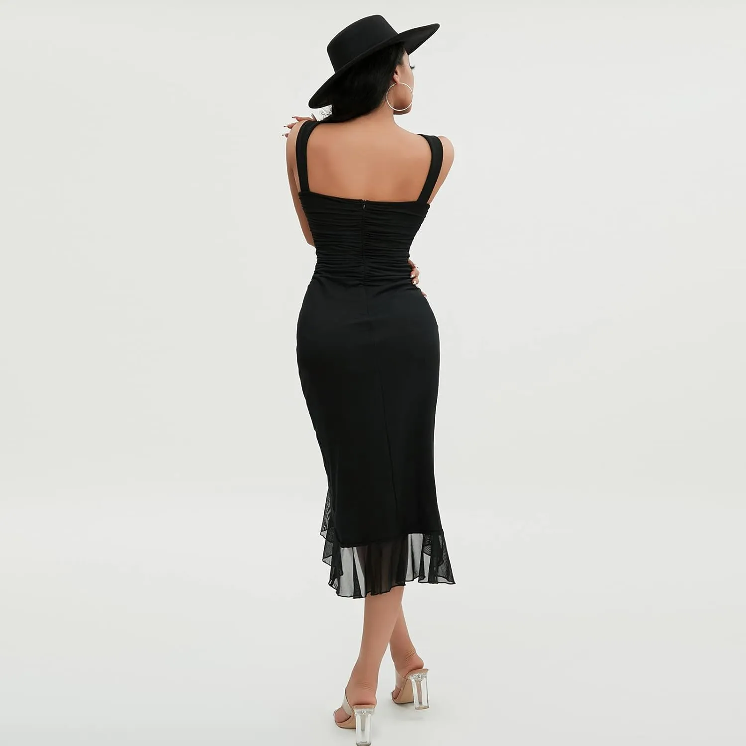 Chloefairy Women's Summer Midi Bodycon Sleeveless Backless Ruffle Hem Mermaid Cocktail Elegant Tank Dress