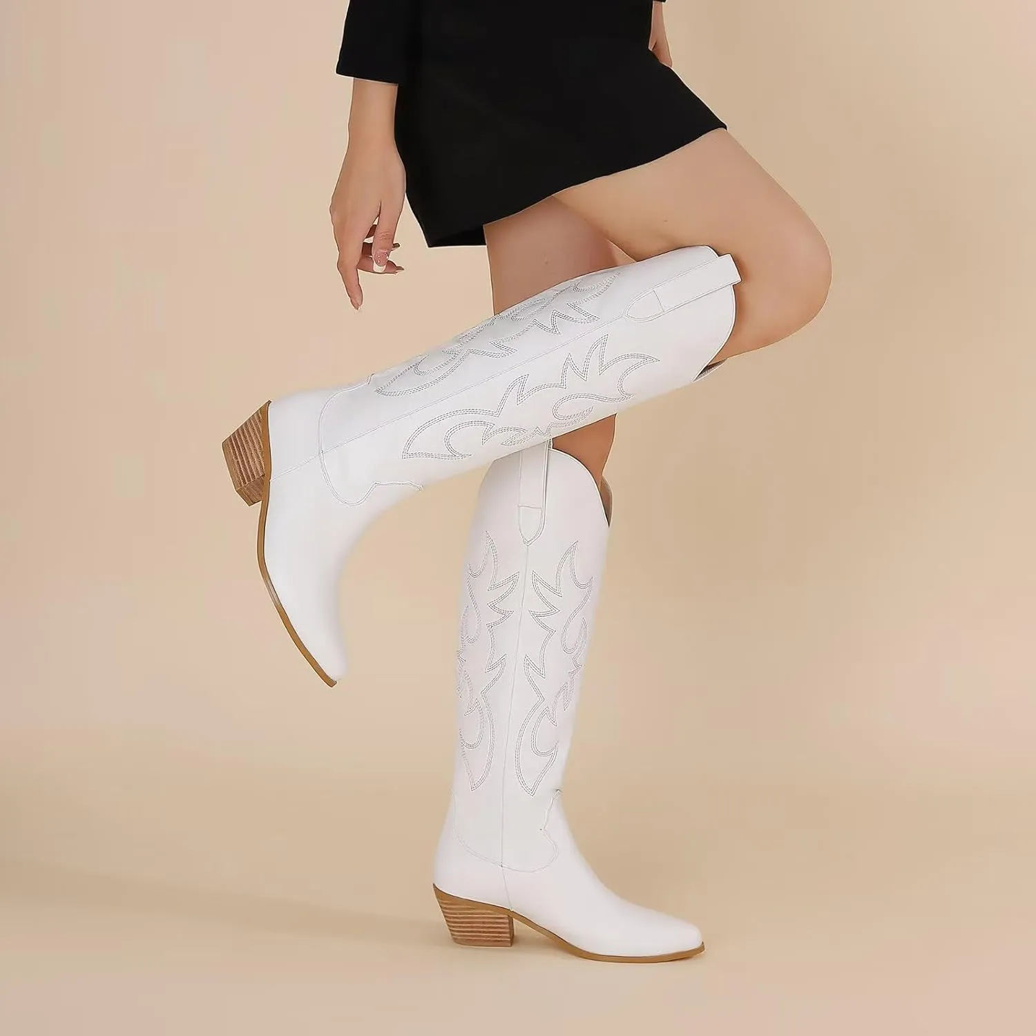 CIERWS Women's Embroidered Western Cowboy Boots Cowgirl Boots Knee High Medium Heel Chunky Heel Classic Retro Boots