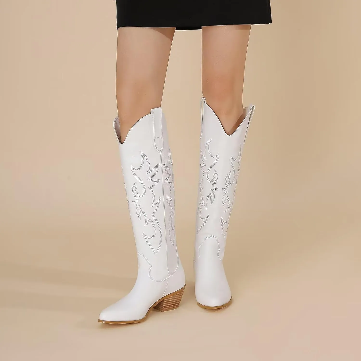 CIERWS Women's Embroidered Western Cowboy Boots Cowgirl Boots Knee High Medium Heel Chunky Heel Classic Retro Boots