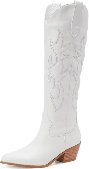 CIERWS Women's Embroidered Western Cowboy Boots Cowgirl Boots Knee High Medium Heel Chunky Heel Classic Retro Boots