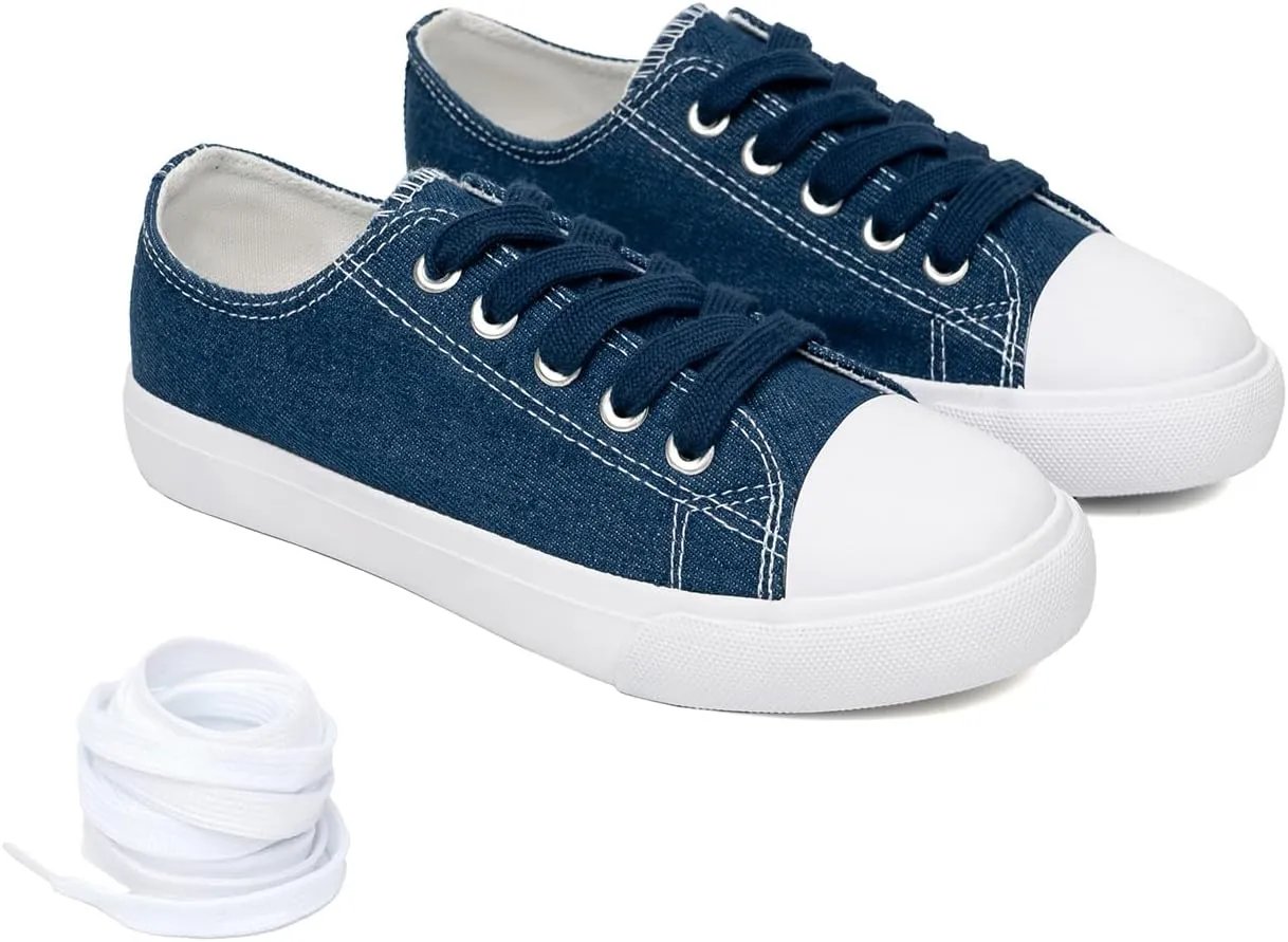 Classic Unisex Low-Top Canvas Sneakers – Boys Girls and Toddler Casual Lace-Up Shoes with Rubber Sole, Includes Extra White Shoelaces