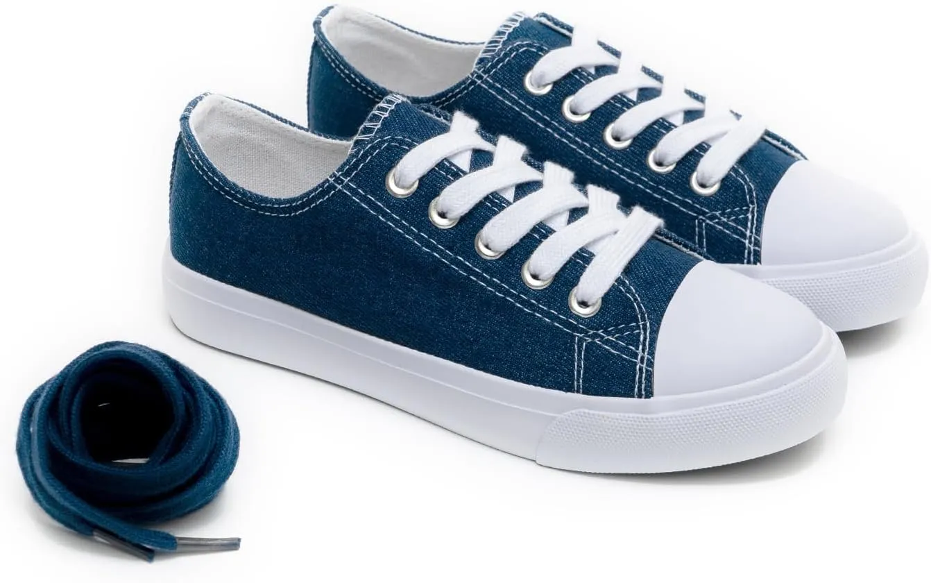 Classic Unisex Low-Top Canvas Sneakers – Boys Girls and Toddler Casual Lace-Up Shoes with Rubber Sole, Includes Extra White Shoelaces