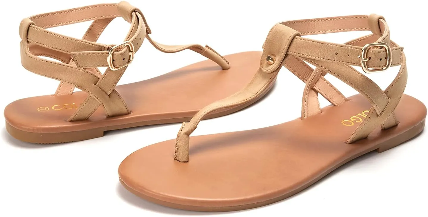 Colgo Thong Flat Sandals, Casual Women T-Strap Dress Sandals with Adjustable Ankle Buckle for Summer Wedding