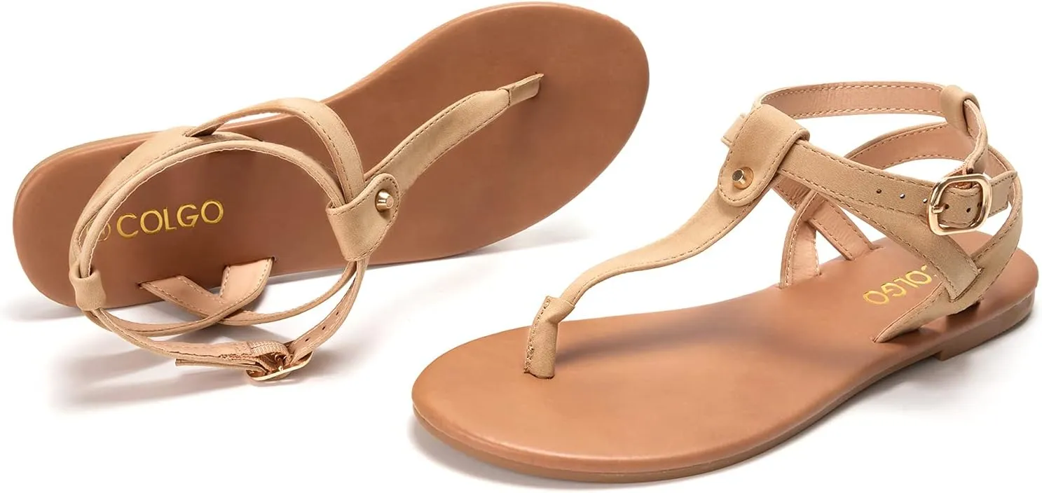 Colgo Thong Flat Sandals, Casual Women T-Strap Dress Sandals with Adjustable Ankle Buckle for Summer Wedding
