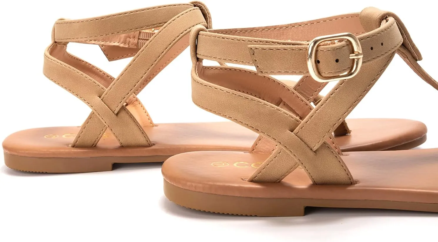Colgo Thong Flat Sandals, Casual Women T-Strap Dress Sandals with Adjustable Ankle Buckle for Summer Wedding