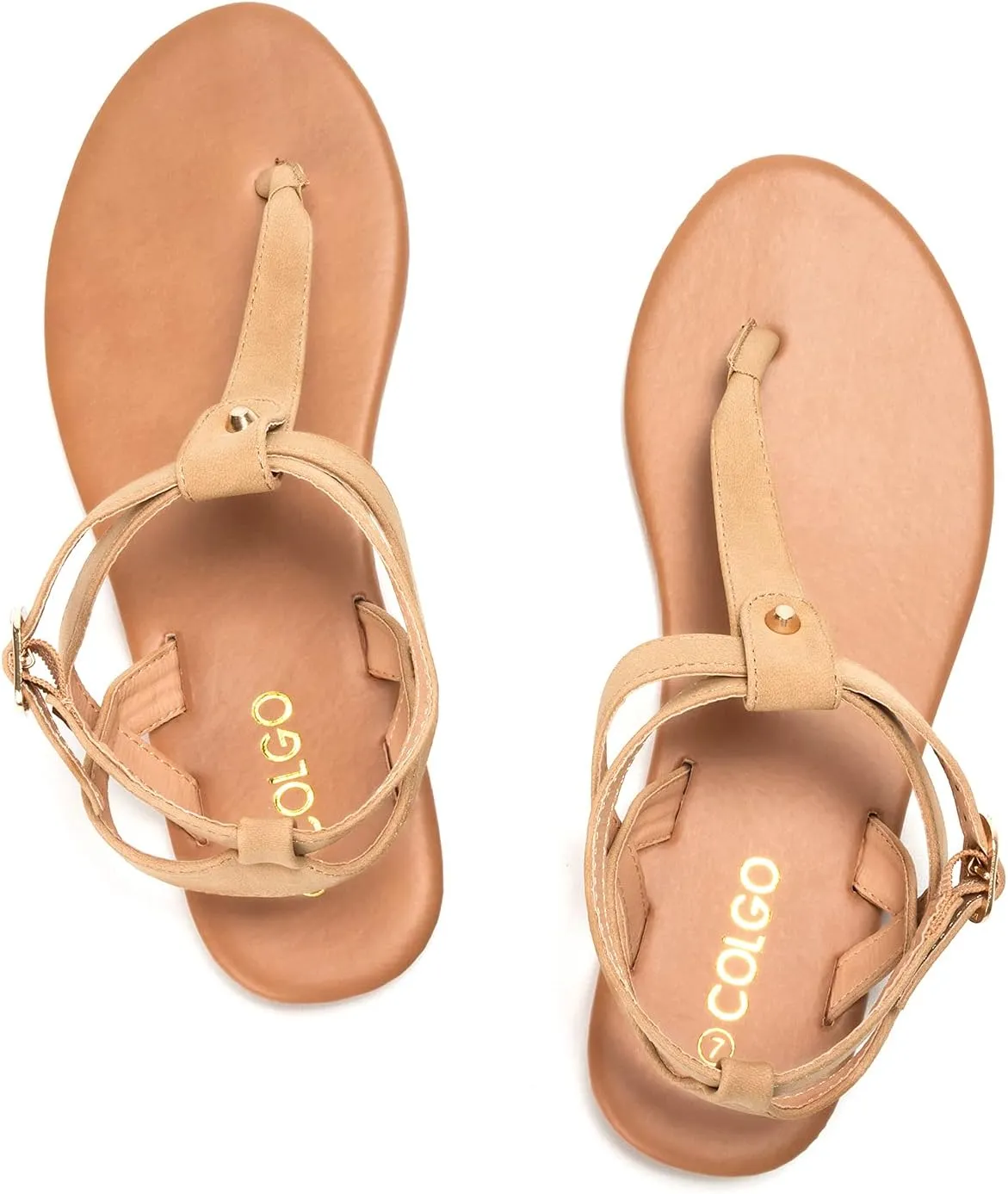 Colgo Thong Flat Sandals, Casual Women T-Strap Dress Sandals with Adjustable Ankle Buckle for Summer Wedding