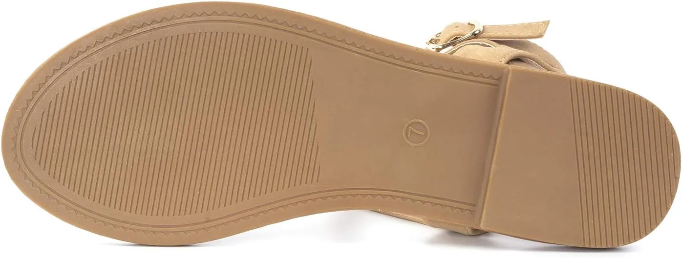 Colgo Thong Flat Sandals, Casual Women T-Strap Dress Sandals with Adjustable Ankle Buckle for Summer Wedding