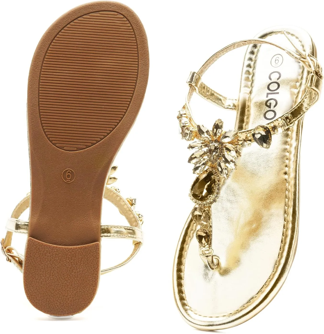 Colgo Women's T-Strap Flat Sandals, Elegant Glitter Rhinestone Thong Dress Shoes, Comfortable Wedding Sandals for Summer Beach Parties
