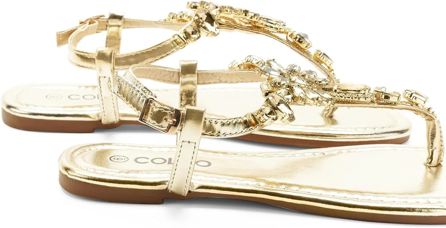 Colgo Women's T-Strap Flat Sandals, Elegant Glitter Rhinestone Thong Dress Shoes, Comfortable Wedding Sandals for Summer Beach Parties
