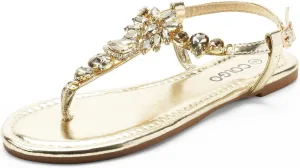 Colgo Women's T-Strap Flat Sandals, Elegant Glitter Rhinestone Thong Dress Shoes, Comfortable Wedding Sandals for Summer Beach Parties