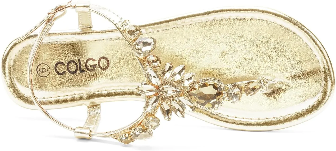 Colgo Women's T-Strap Flat Sandals, Elegant Glitter Rhinestone Thong Dress Shoes, Comfortable Wedding Sandals for Summer Beach Parties