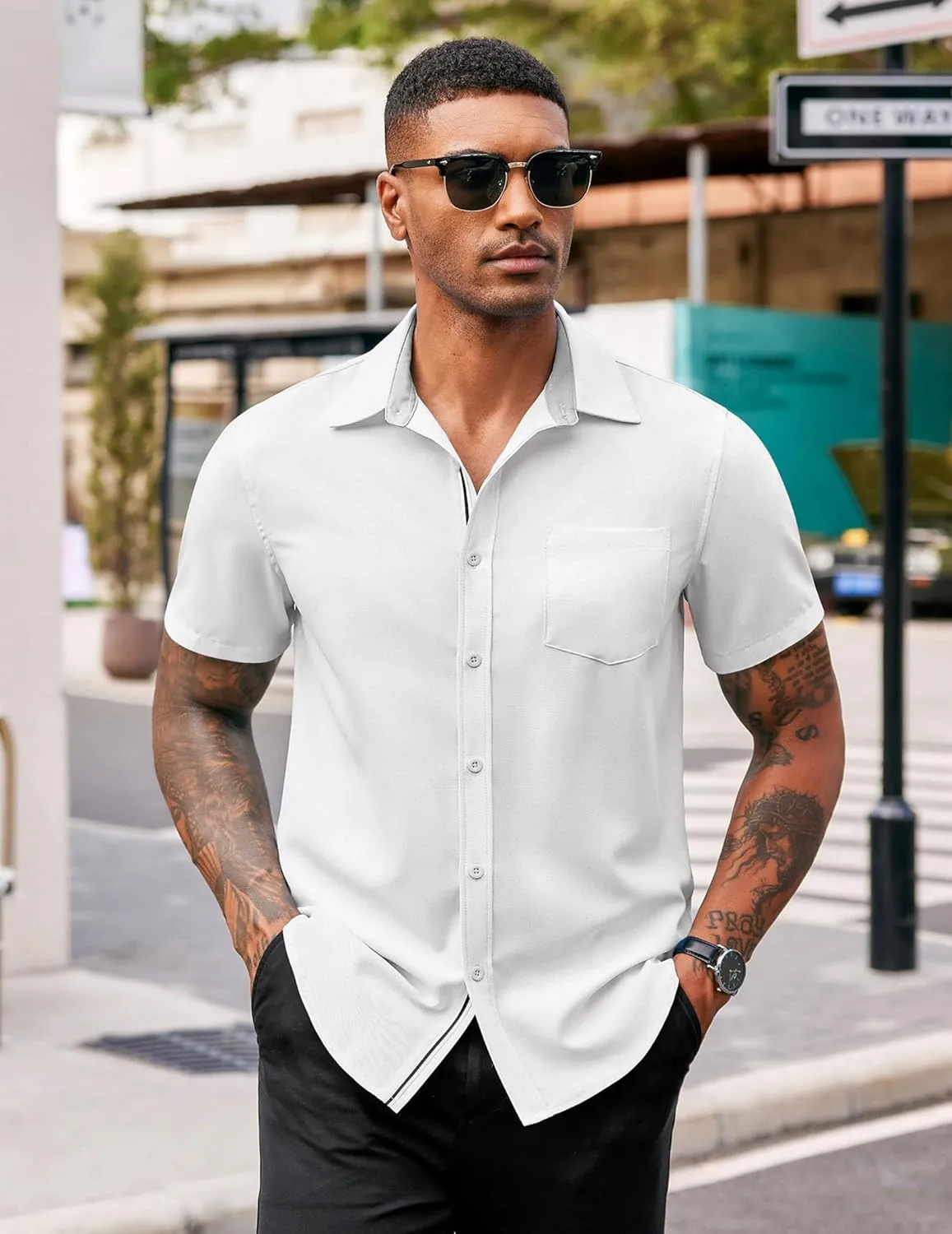 COOFANDY Men's Casual Button Down Shirts Stretch Short Sleeve Business Dress Shirt with Pocket