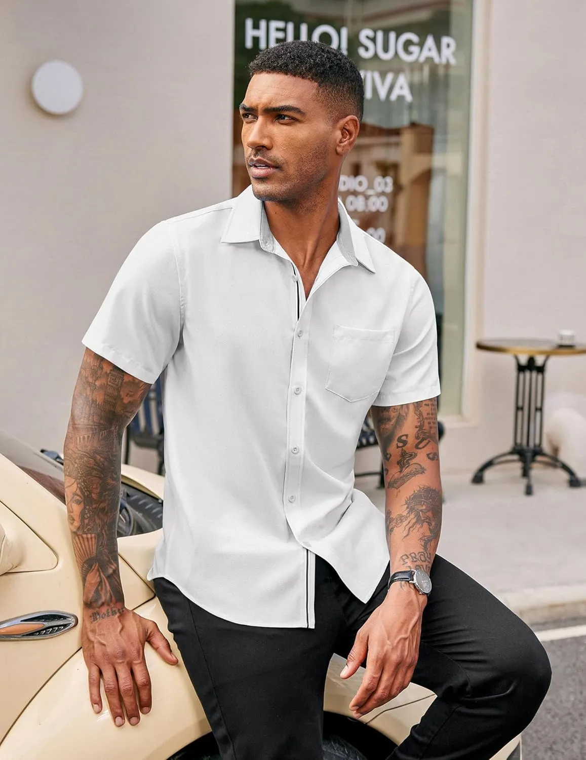 COOFANDY Men's Casual Button Down Shirts Stretch Short Sleeve Business Dress Shirt with Pocket