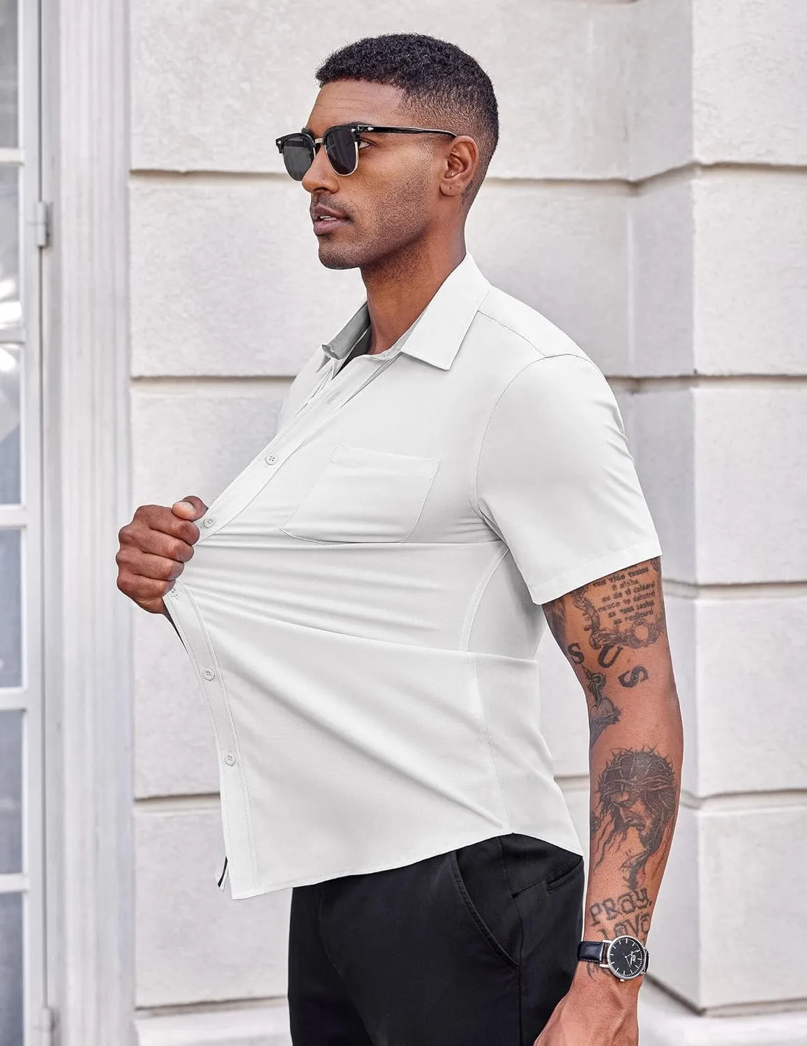 COOFANDY Men's Casual Button Down Shirts Stretch Short Sleeve Business Dress Shirt with Pocket