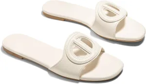 Coutgo Womens Dressy Flat Sandals Open Toe Slip on Leather Summer Beach Slide Sandals
