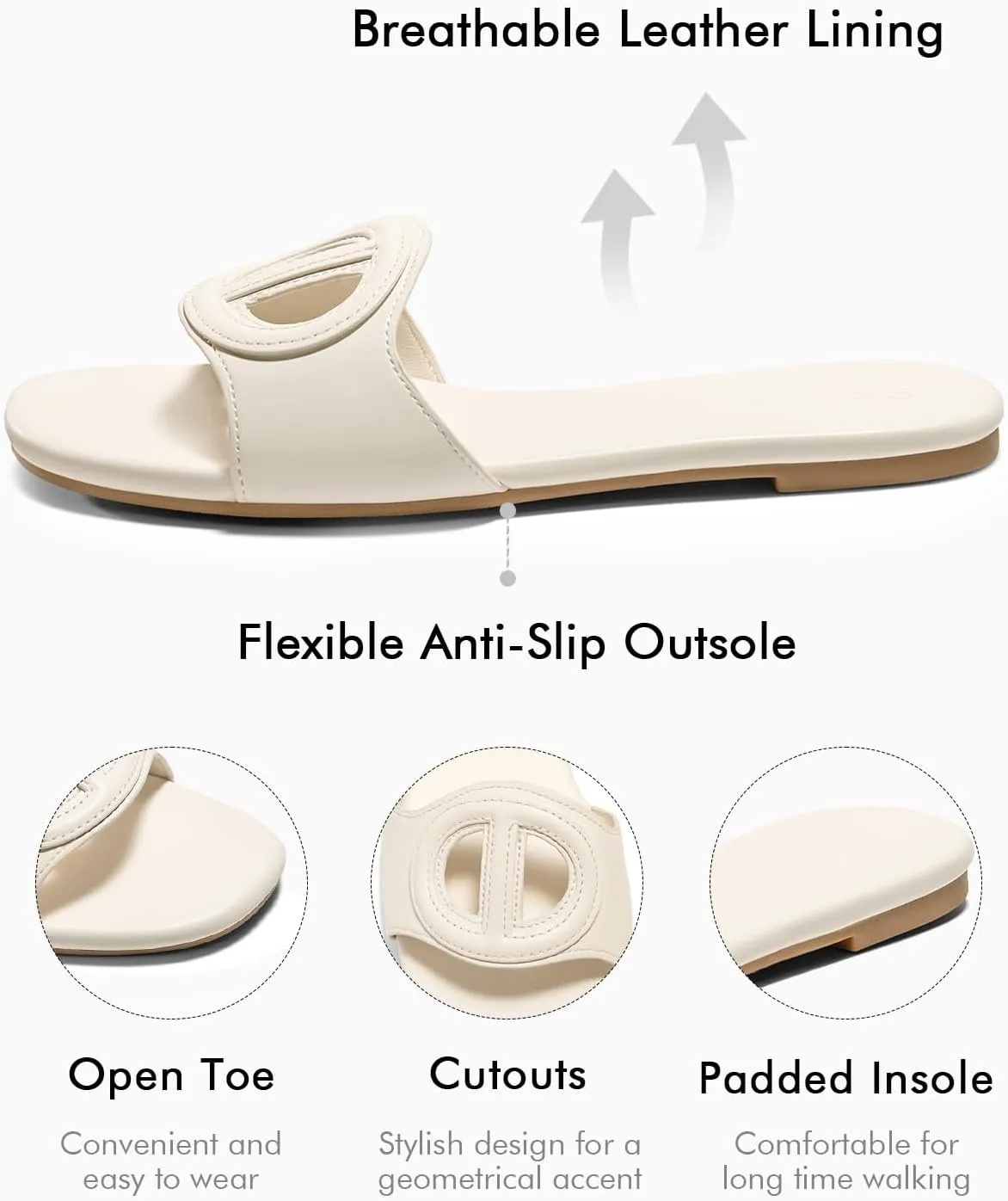 Coutgo Womens Dressy Flat Sandals Open Toe Slip on Leather Summer Beach Slide Sandals