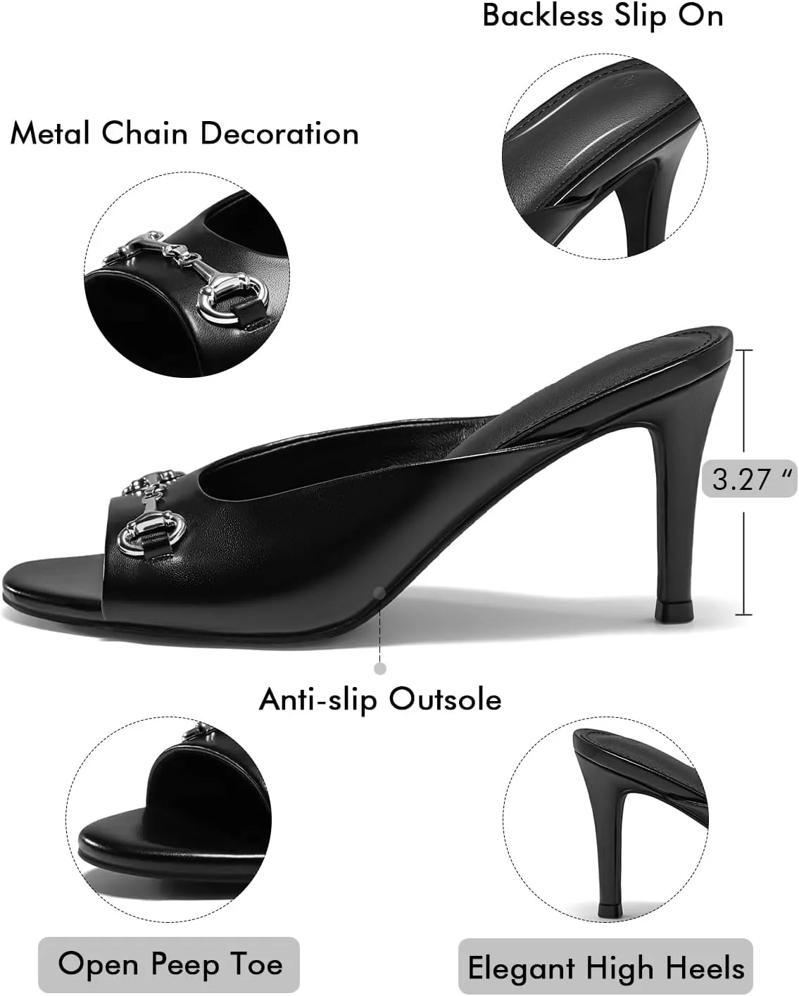 Coutgo Womens Heeled Mules Peep Toe High Heels Backless Dress Shoes Summer Slide Sandals with Metal Chain
