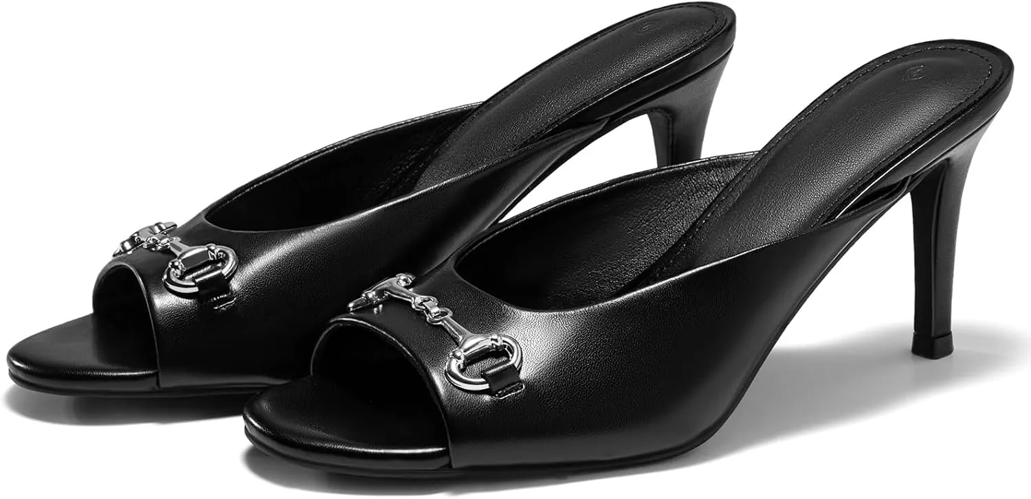Coutgo Womens Heeled Mules Peep Toe High Heels Backless Dress Shoes Summer Slide Sandals with Metal Chain