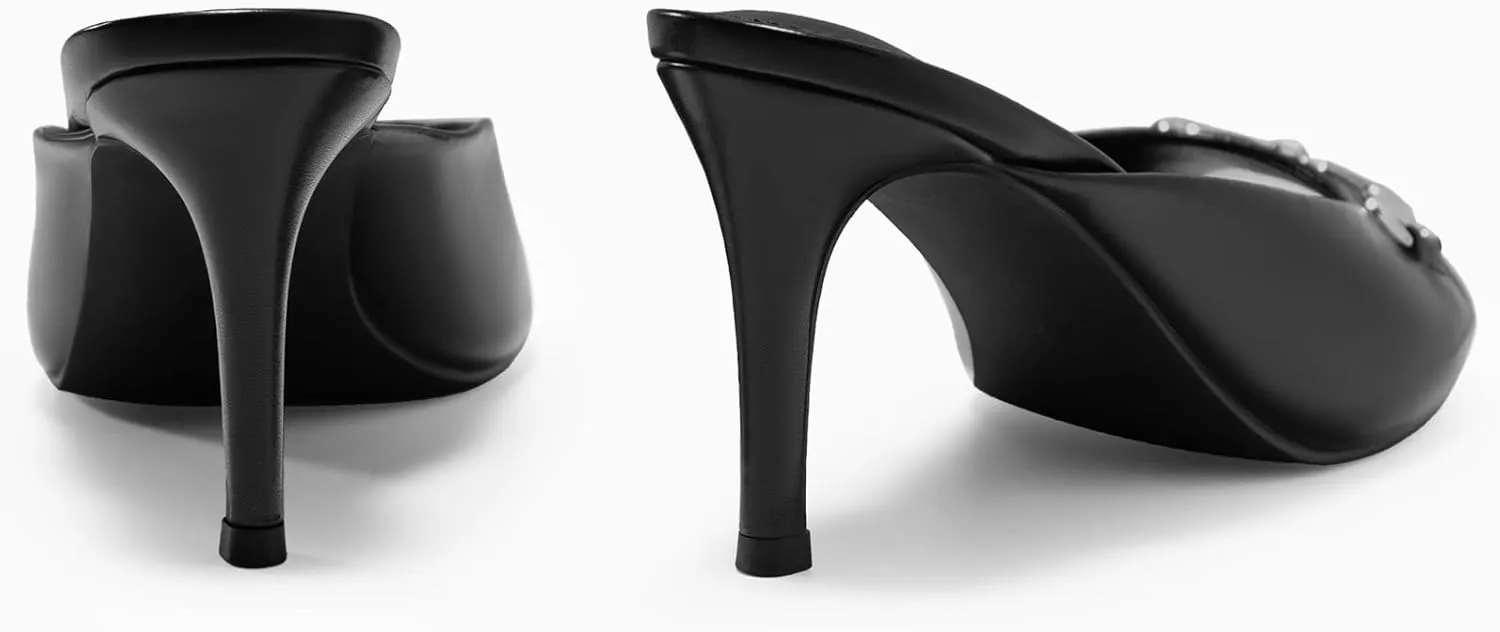 Coutgo Womens Heeled Mules Peep Toe High Heels Backless Dress Shoes Summer Slide Sandals with Metal Chain