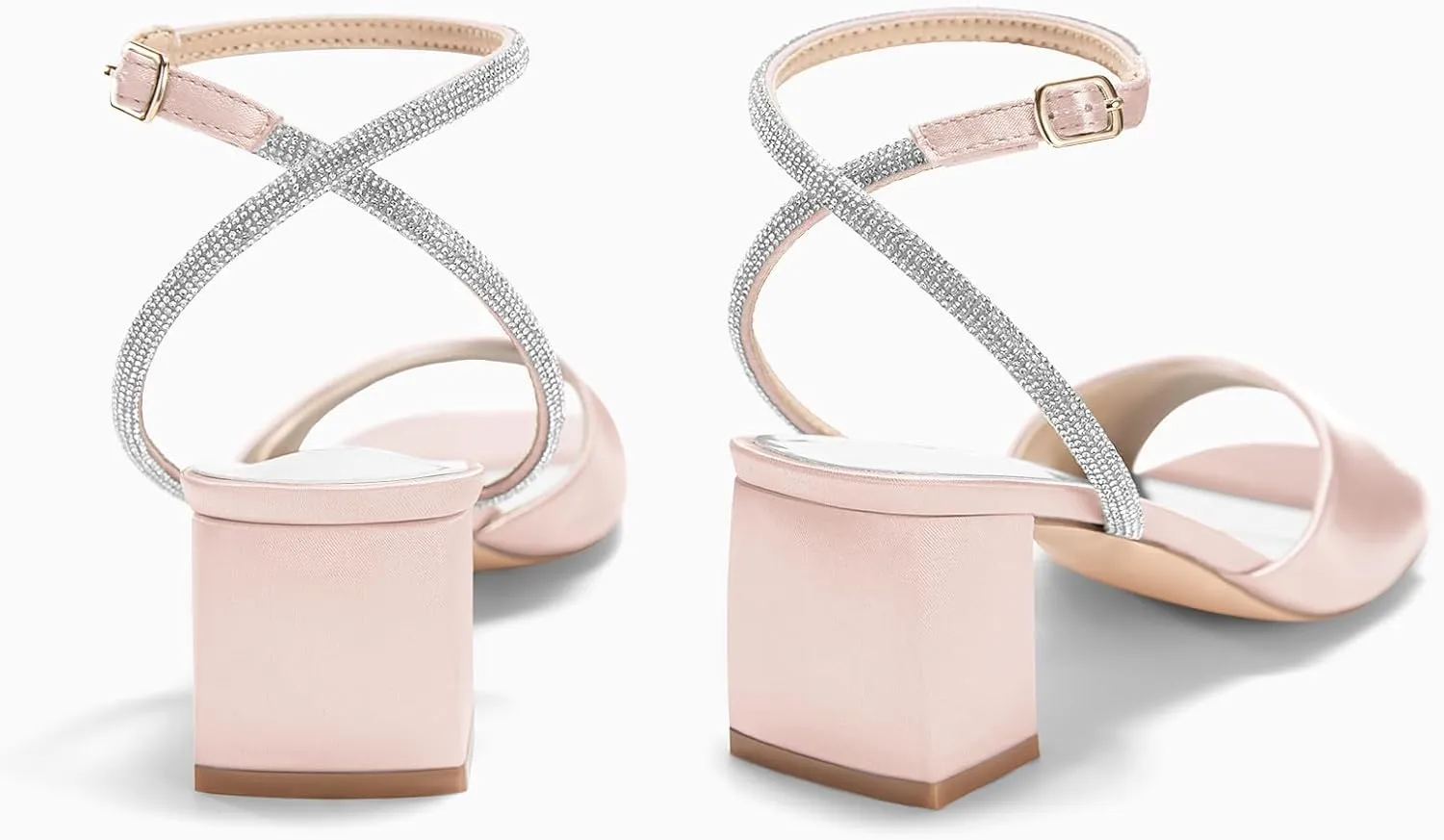 Coutgo Womens Heeled Sandals Rhinestone Chunky Low Heels Satin Square Toe One Strap Ankle Buckle Dress Shoes