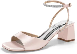 Coutgo Womens Heeled Sandals Rhinestone Chunky Low Heels Satin Square Toe One Strap Ankle Buckle Dress Shoes