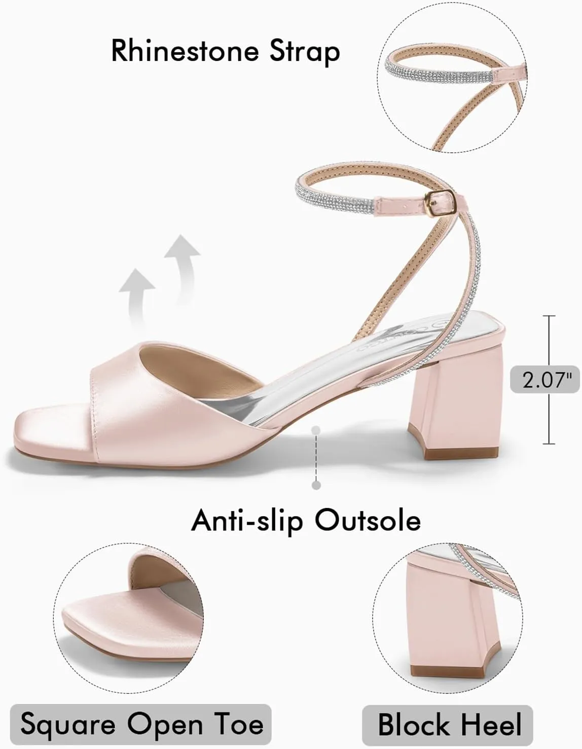 Coutgo Womens Heeled Sandals Rhinestone Chunky Low Heels Satin Square Toe One Strap Ankle Buckle Dress Shoes