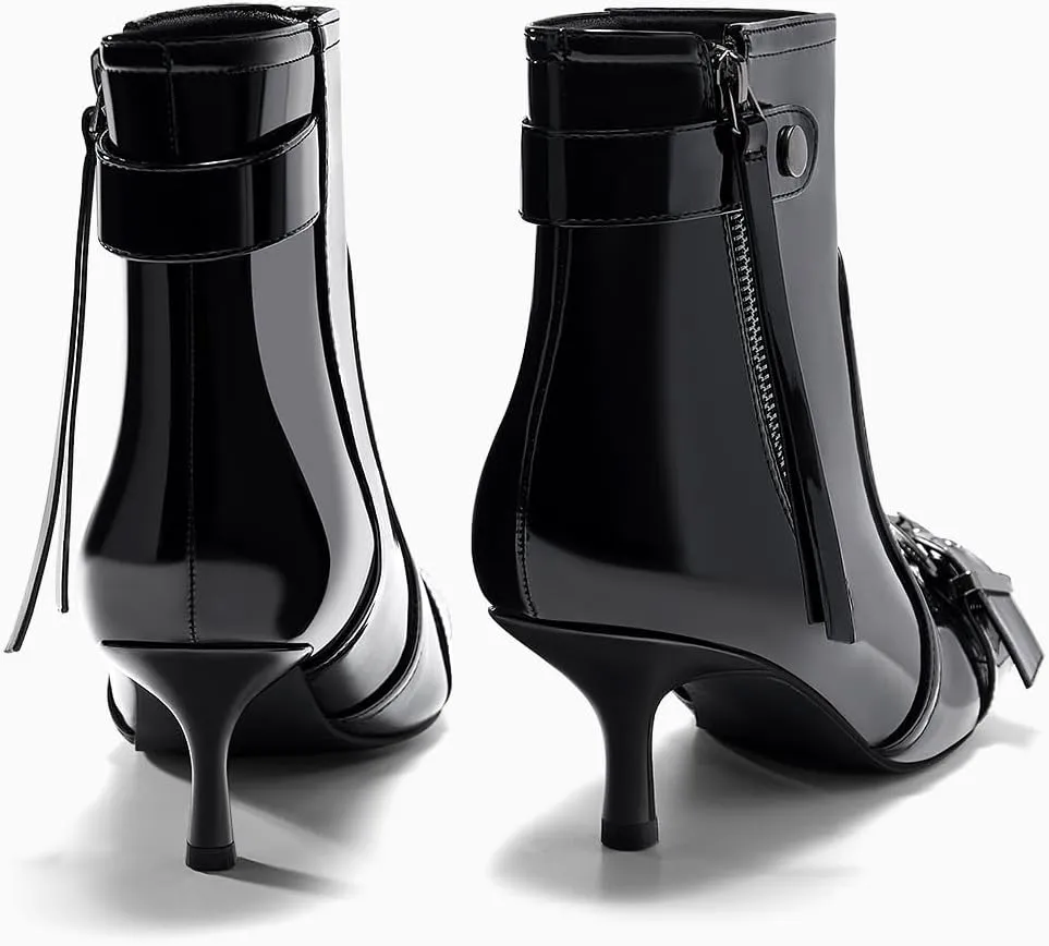Coutgo Womens Kitten Heel Ankle Boots Pointed Toe Buckle Side Zipper Tassel Fall Winter Booties Shoes