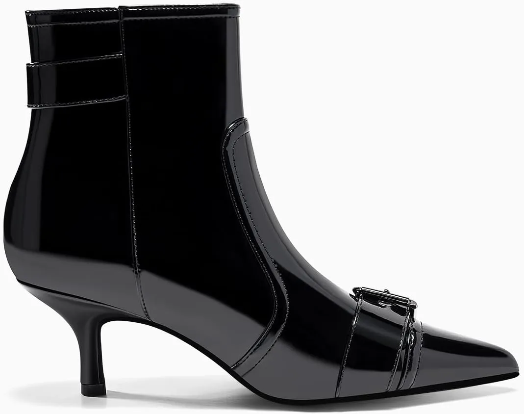 Coutgo Womens Kitten Heel Ankle Boots Pointed Toe Buckle Side Zipper Tassel Fall Winter Booties Shoes