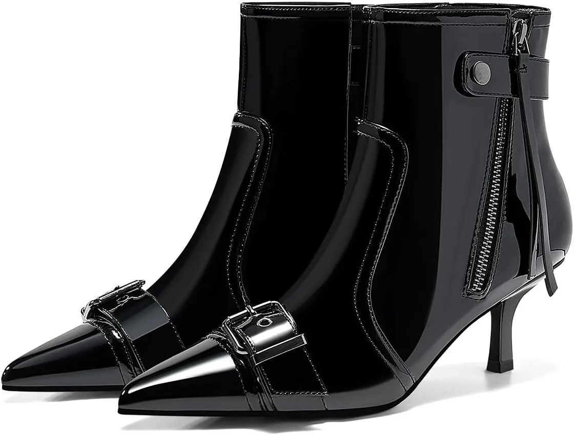 Coutgo Womens Kitten Heel Ankle Boots Pointed Toe Buckle Side Zipper Tassel Fall Winter Booties Shoes