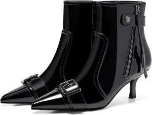 Coutgo Womens Kitten Heel Ankle Boots Pointed Toe Buckle Side Zipper Tassel Fall Winter Booties Shoes