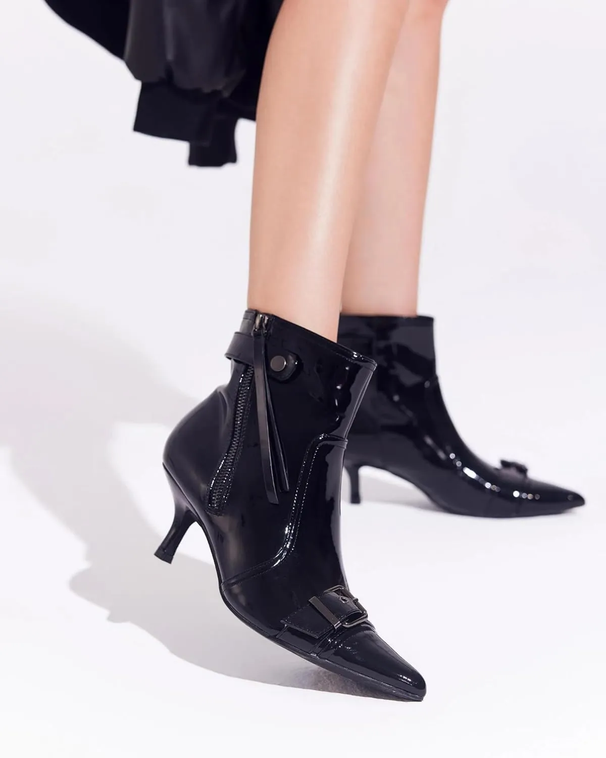 Coutgo Womens Kitten Heel Ankle Boots Pointed Toe Buckle Side Zipper Tassel Fall Winter Booties Shoes