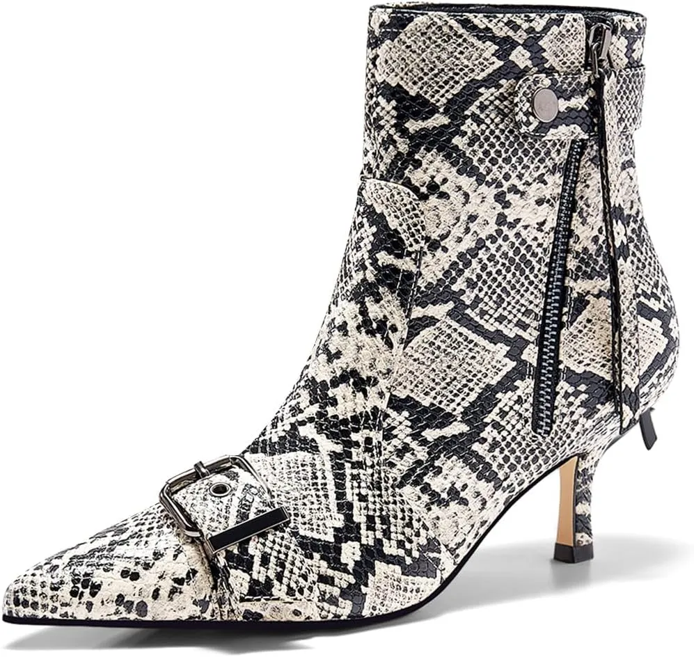 Coutgo Womens Kitten Heel Ankle Boots Pointed Toe Buckle Side Zipper Tassel Fall Winter Booties Shoes