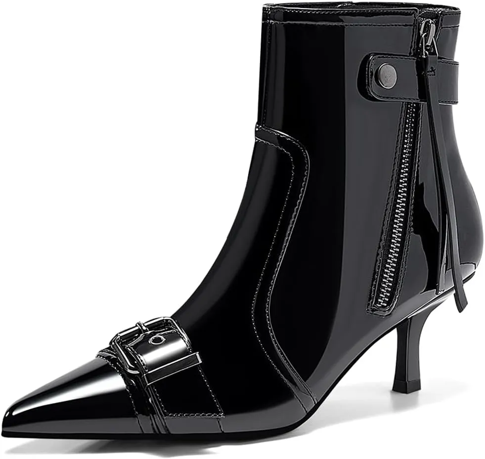 Coutgo Womens Kitten Heel Ankle Boots Pointed Toe Buckle Side Zipper Tassel Fall Winter Booties Shoes