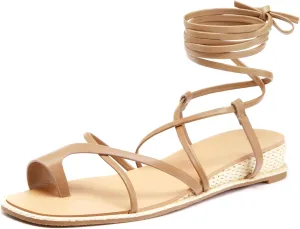 Coutgo Womens Lace Up Gladiator Sandals Strappy Flat Dressy Low Heel Wedges Thong Summer Beach Shoes