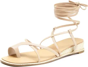 Coutgo Womens Lace Up Gladiator Sandals Strappy Flat Dressy Low Heel Wedges Thong Summer Beach Shoes