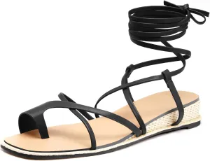 Coutgo Womens Lace Up Gladiator Sandals Strappy Flat Dressy Low Heel Wedges Thong Summer Beach Shoes