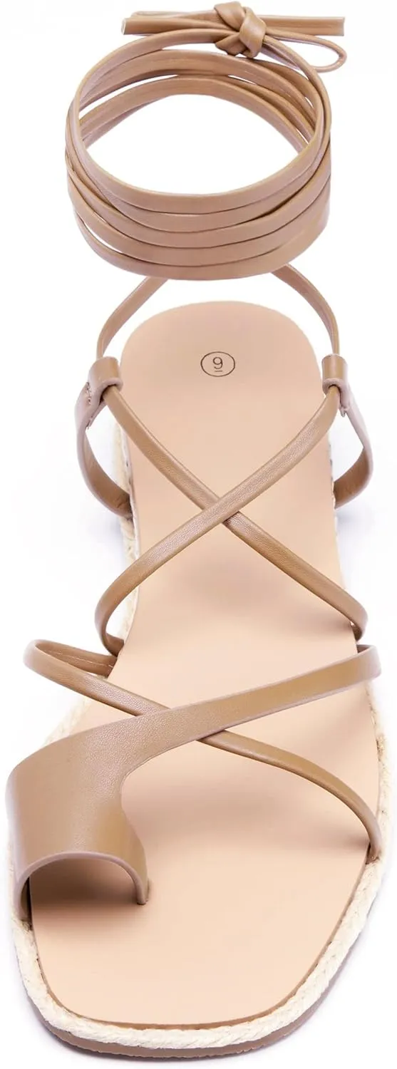 Coutgo Womens Lace Up Gladiator Sandals Strappy Flat Dressy Low Heel Wedges Thong Summer Beach Shoes